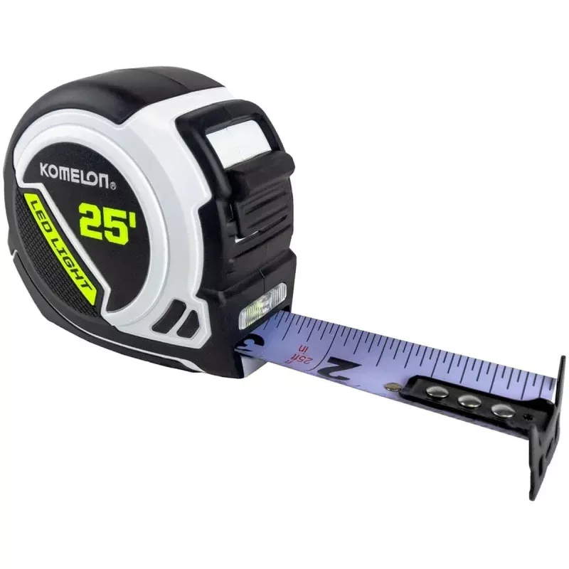 Komelon Tape Measure 25LED 25 Foot Ultra Compact Rechargeable USB LED Lighted White Blade (1 Inch Width Nylon Coated Low Light Framing Measuring Tool)