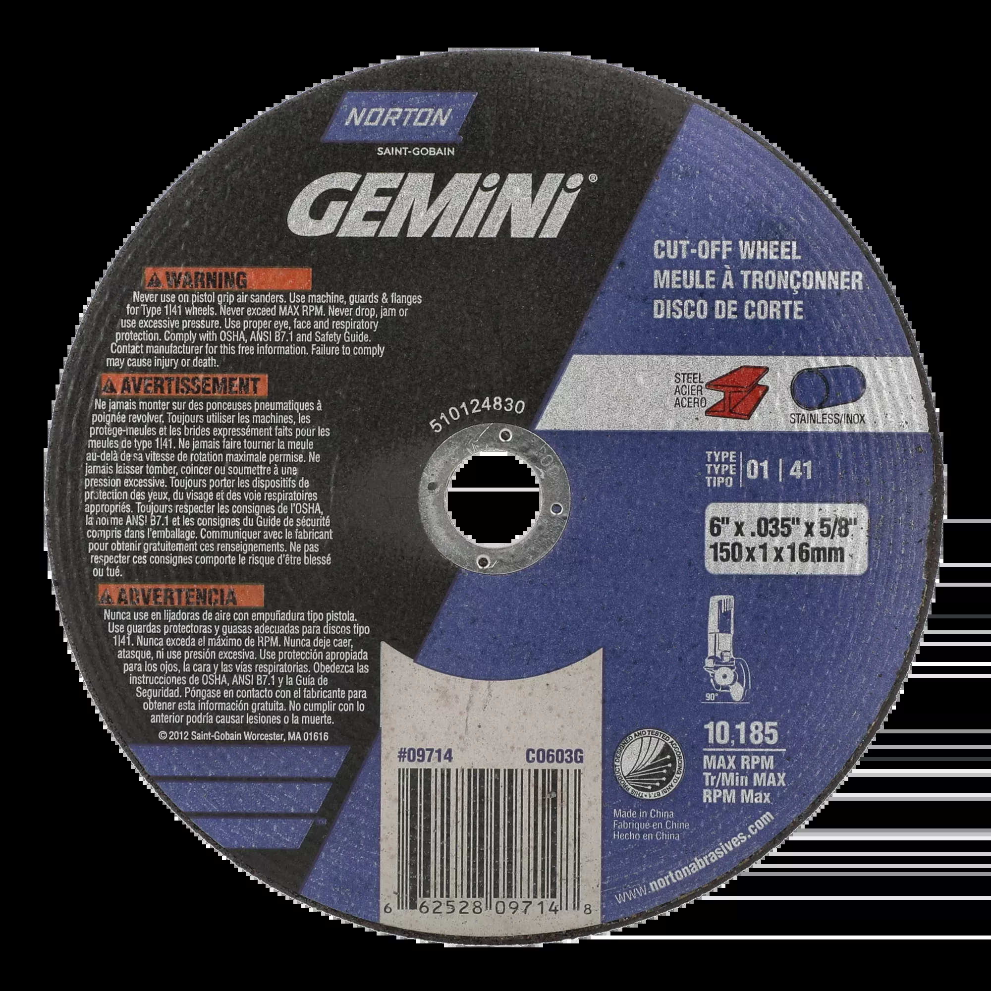 Norton 150 mm x 1 mm x 5/8 In. Gemini Circular Saw Cut-Off Wheel 60 O T01/41 25 Count